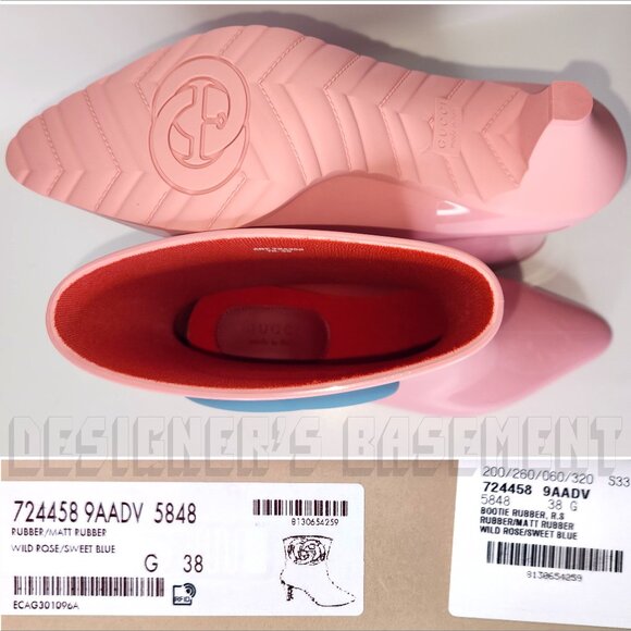 GUCCI 38 pink GENE blue Interlocking G logo rubber ankle RAINBOOT Booties 724458 - Picture 8 of 10